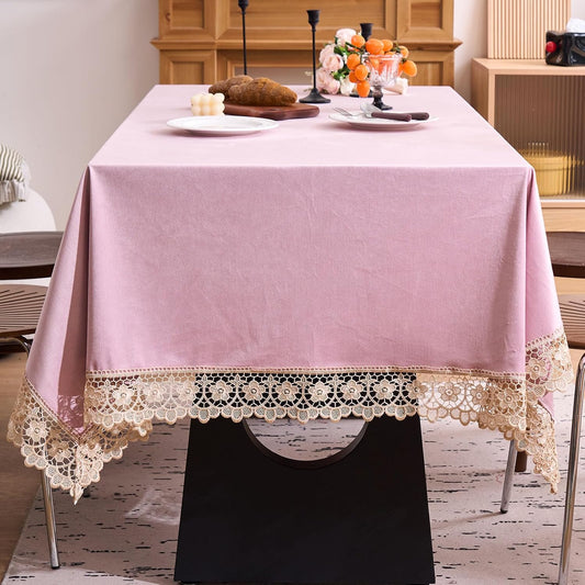 vctops Pink Velvet Table Cloth with Lace Trim Vintage Luxury Tablecloth Washable Table Cover for Rectangle Table Baby Shower Kitchen Dining Party Wedding Christmas Decor (Pink B,55"x78")