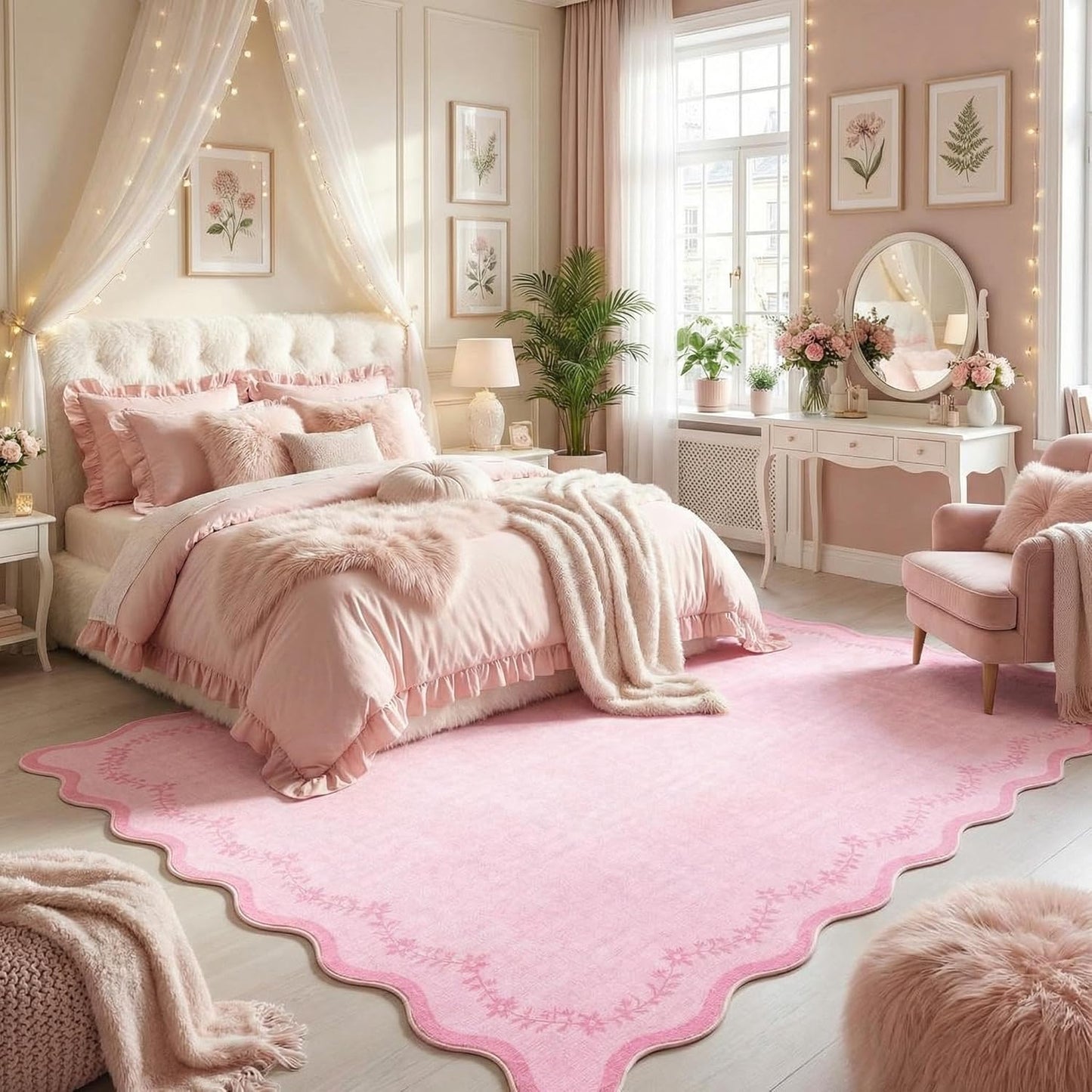GarveeHome 6x9 Scalloped Area Rug Pink Washable Rugs for Living Room Bedroom, Soft Low Pile Non Slip Accent Floor Mat Solid Floral Print Throw Rug Farmhouse Indoor Carpet for Dorm Playroom