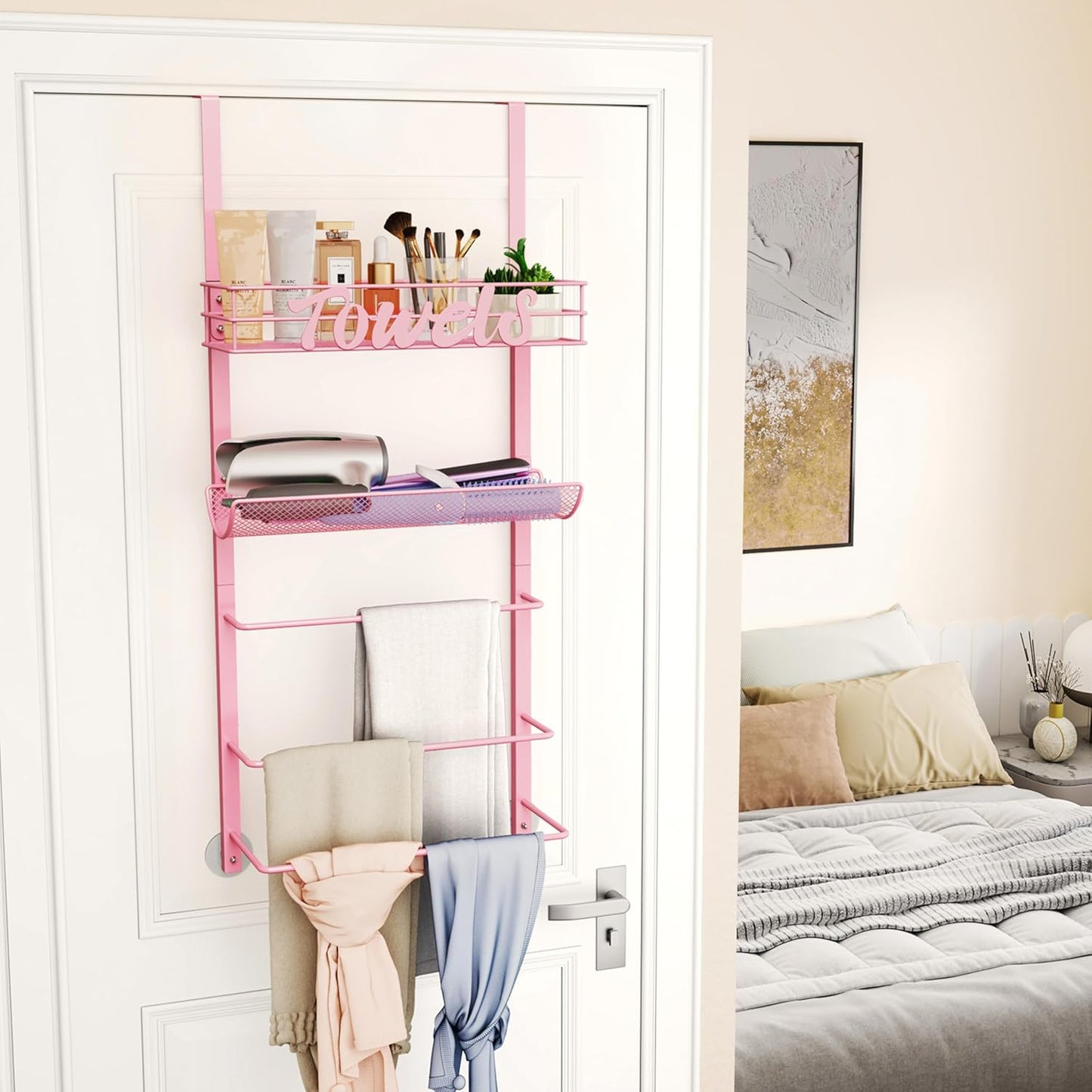 SWTYMIKI SWTYMIKI Over the Door Towel Racks for Bathroom - 5-Tier Wall Mounted Bathroom Towel Storage Organizer Holder with Metal Shelf, Pink