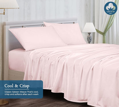ROYALE LINENS 400 Thread Count 100% American Grown Cotton 4 Piece Sateen King Sheet Set - 1 Fitted Sheet, 1 Flat Sheet, 2 Pillow case - Pink King Bedsheet - Cotton Sheets - (King, Kyoto Blush)