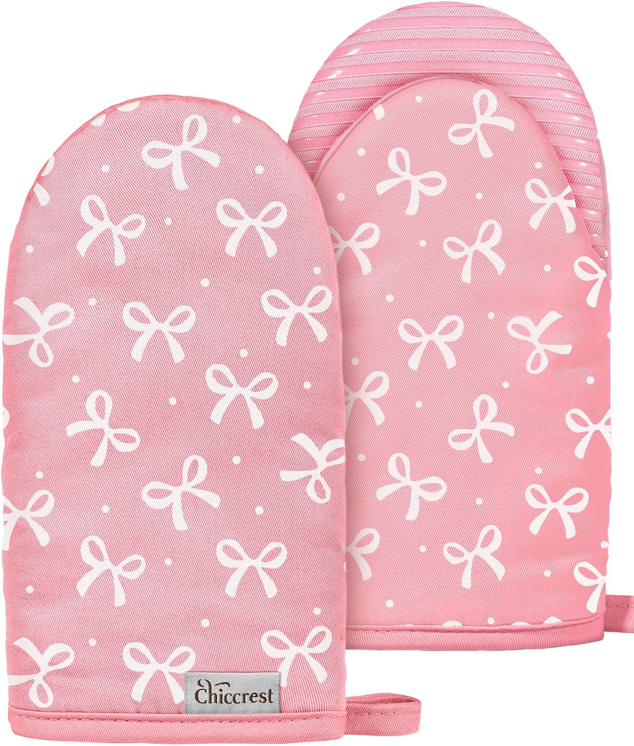 Mini Oven Mitts Heat Resistant with Full Silicone Grip - Cute Pink Polka Dot with Bow Kitchen Mitts Washable Non-Slip 100% Cotton Oven Mitts for Women
