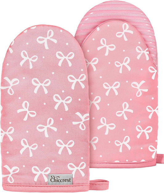 Mini Oven Mitts Heat Resistant with Full Silicone Grip - Cute Pink Polka Dot with Bow Kitchen Mitts Washable Non-Slip 100% Cotton Oven Mitts for Women