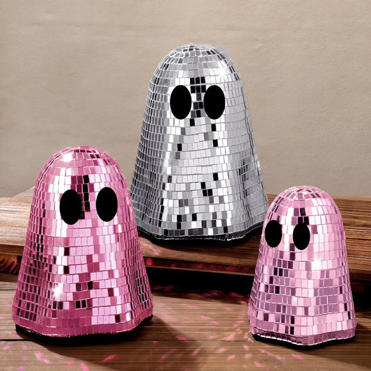 Simgoing 3 Pcs Summer Halloween Disco Ghost Decor 6'' 5'' 4''halloween Ornament Silver Mirror Disco Skeleton Glitter Spooky Ghost Tiered Tray Table Decor for Props Home Tabletop Party(Pink)