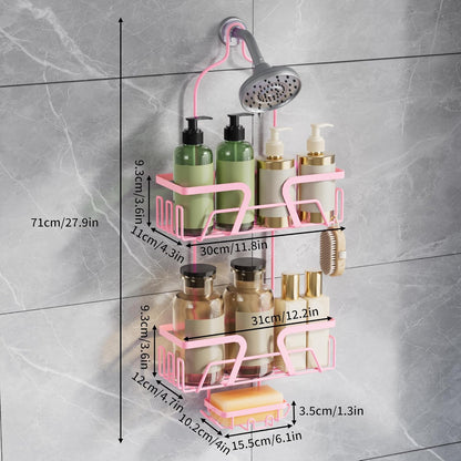 DAOYA Shower Caddy Hanging, Pink Over the Shower Head Caddy with Soap Holder, Bathroom Organizer with Hooks for Razors and Bath Sponges