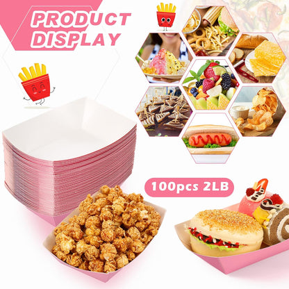 Yinkin 100 Pcs 2lb Paper Food Trays Boat 2lb Disposable Nacho Trays Kraft Paper Boat for Tacos Concession Easter Graduation Birthday Wedding Christmas Halloween Valentine Party Supplies(Pink)