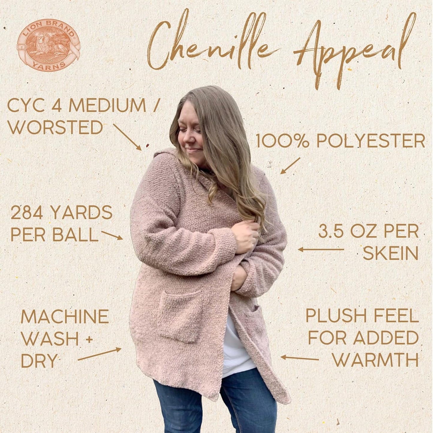 Lion Brand Yarn, Chenille Appeal Soft Worsted Weight Yarn for Knitting and Crochet, Peach Whip, 3 Pack