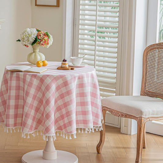 Pink Gingham Tablecloth with Tassels, Cotton Linen Checkered Plaid Table Cloth, Farmhouse Table Cover for Dining Table, Picnic, Baby Shower & Bridal Shower, Washable, 60 Inch Round