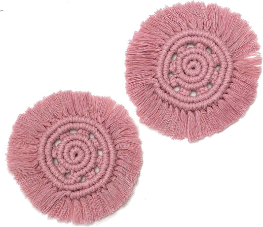 Macrame Handmade Cotton Coasters - Elegant and Absorbent 7-inch Round Woven Boho Coaster Set with Fringe Tassels for Drinks and Mugs, Open Weave, Set of 2 (Pink, 2)