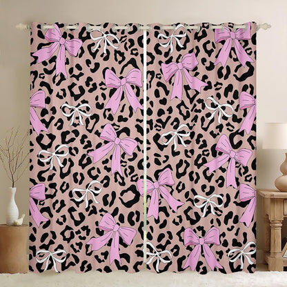 Erosebridal Bow Leopard Girly Pink Window Curtains 38" Wx54 L, 2 Panels | Bowknot Ribbon Blackout Curtains Fur Print Cheetah Brown Black Lightweight Window Treatments Drapes