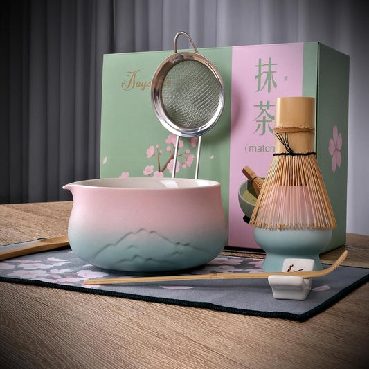 Joyscale Matcha Whisk Set, Matcha Set Whisk And Bowl, 8 Pcs Matcha Kit Set(Distant Mountains Design), 18 OZ, Japanese Matcha Tea Set, Matcha Making Kit Gifts for Tea Lovers(Pink Green)