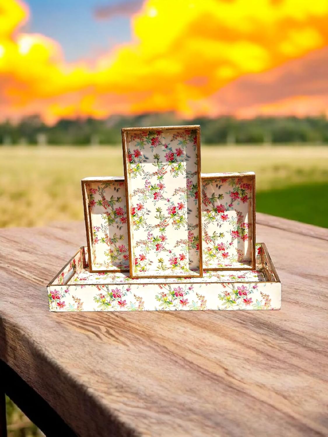Wooden Serving Trays with Handle - 3PC Set for Coffee Table, Home Decor, Kitchen, Ottoman, BBQ, Parties - Rectangular Platter for Breakfast, Lunch & Dinner, Stylish - Light Pink