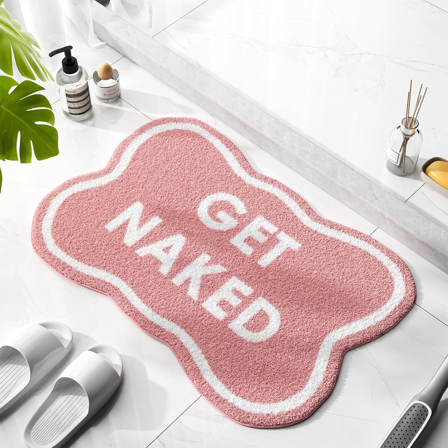 BSSN Get Naked Bath Mat, 16" x 24" Cute Pink Bathroom Rug, Ultra Absorbent Microfiber Tufted Bath Mat, Non-Slip & Machine Washable, Small Fun Aesthetic Decor Rug for Bathroom, Shower, Sink
