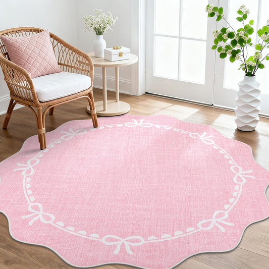 GarveeHome Scalloped Bow Rug for Living Room, 5ft Round Rugs Washable Solid Pink Rug for Dorm Soft Low Pile Non Slip Scalloped Rugs for Nursery Bedroom Decor Hallway Kids Room Playroom