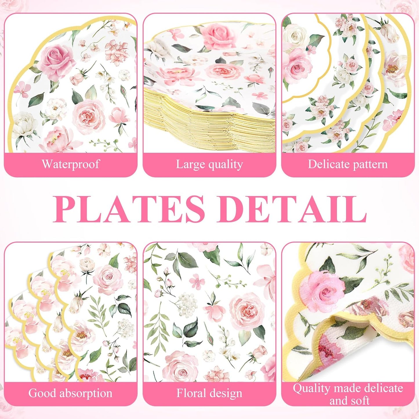 Yungyan 194 Pcs Floral Party Supplies Valentines Pink Floral Scalloped Plates and Napkins Tablecloth Cups Bridal Shower Disposable Tableware Set for Wedding Birthday Baby Shower Tea Party Decoration