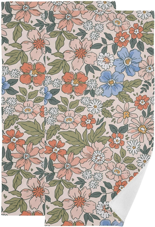 2 Pcs Boho Pink Floral Leaf Hand Towels for Bathroom 14"x28",Soft Quick Dry Vintage Watercolor Blue Flower Green Leave Guest Bath Towels,Decorative Towels for Bathroom Kitchen Dish Face Gym