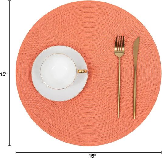 SHACOS Round Braided Placemats Set of 6 Washable Cotton Polyester Round Placemats for Kitchen Table 15 inch Round Table Mats (Coral, 6)