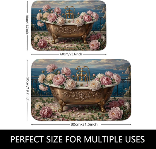 Vintage Romantic Quick Dry Bath Mat, Floral Peach Peonies Absorbent Non Slip Shower Mat, Spring Decorative Flannel Washable Bath Rugs for Bathroom Toilet Restroom 20x32 Inch