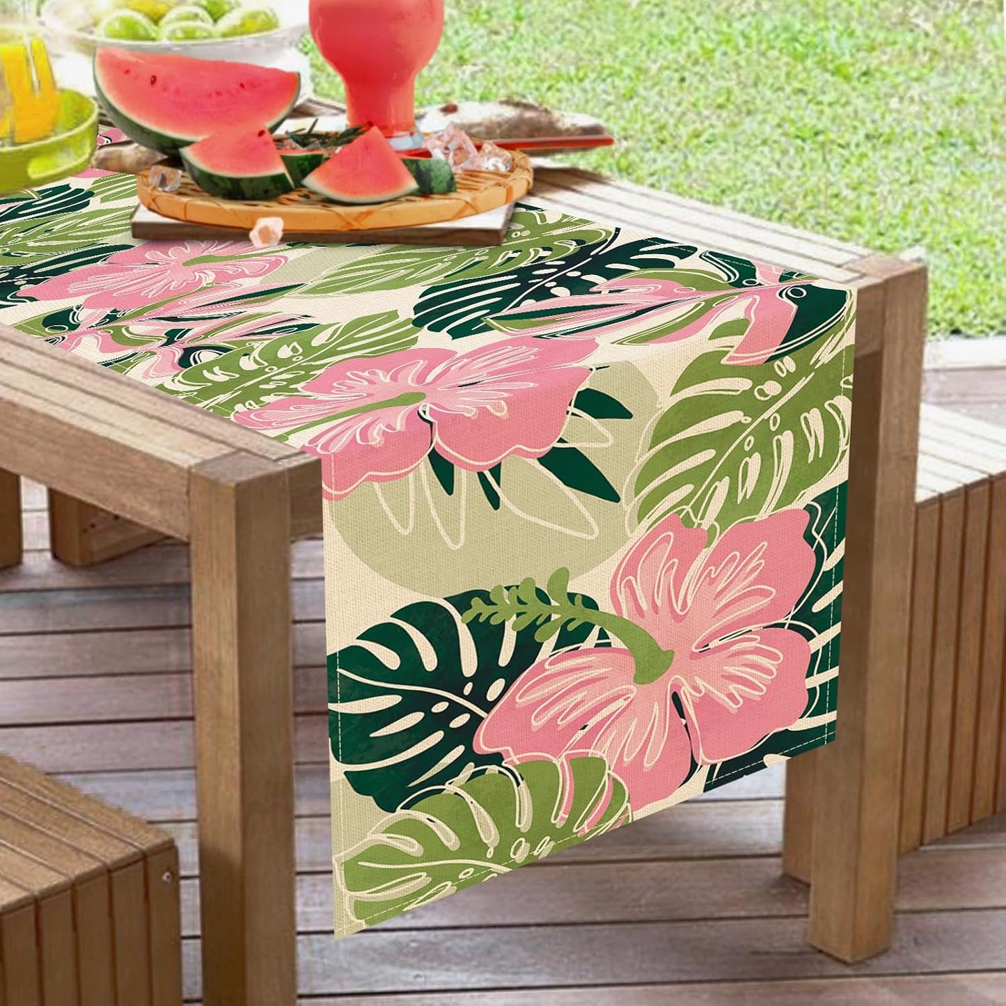 Boho Palm Leaves Spring Summer Table Runner, Tropical Hibiscus Flower Floral Bohemian Kitchen Dining Table Decoration, Pink Green Botanical Indoor Outdoor Home Decor Party Supply 13 x 36 Inch