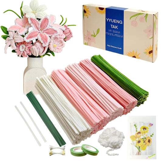 YYUENGTAK 350 Pcs Pink Pipe Cleaners Flower kit with tutoria,Fluffy Yarn,Green Floral Wires,Gardening Tape,Stamen(2 Colors)，Pipe Cleaners Craft,Chenille Stems for DIY Art Projects Creative Gift Decor