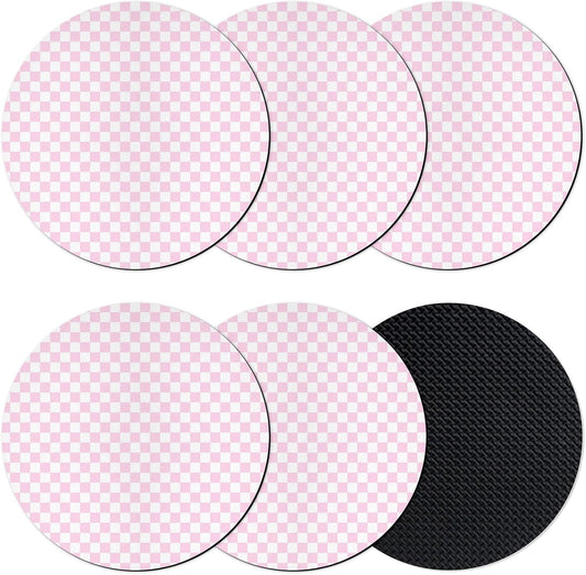 Coasters Set of 6, Rustic Pink Plaid Round Drink Coasters for Coffee Table Decor, Farmhouse Vintage Grid Checkerboard Absorbent Cup Coaster for Housewarming Gift/Home Décor, 4 Inches