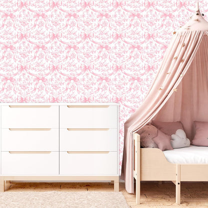 FYSUIMU Pink Bow Floral Peel and Stick Wallpaper Roll Coquette Bowknot Flower Contact Paper Self-Adhesive Wall Decoration for Home Bedroom Bathroom, 17 in x 18 Ft