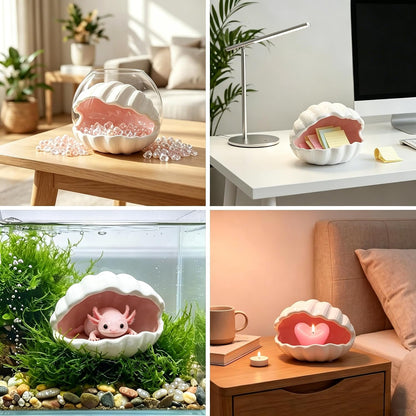 Axolotl Tank Accessories - Extra Large Ceramic Fish Tank Cave with 2PCS Artificial Plants, Double Sided Glaze Shell Shape Hideout, Aquarium Hides Cave Decor Shelter for Betta, Pet Frog, Fish(Pink)