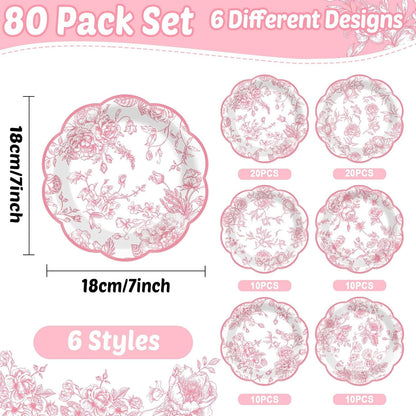 Wiooffen 80Pcs Pink Floral Paper Plates 7 Inches Floral Leaf Party Disposable Dessert Cake Plates Flower Tableware Decoration Supplies for Girl Tea Baby Shower Bridal Shower Garden Party Wedding