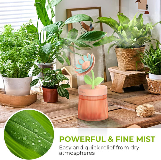 260ml Flower Mini Humidifier, Pink Sunflower Desktop Small Humidifiers, Personal Cool Mist Humidification, USB Desk Humidifier for Bedroom, Office, Travel & Indoor Plants