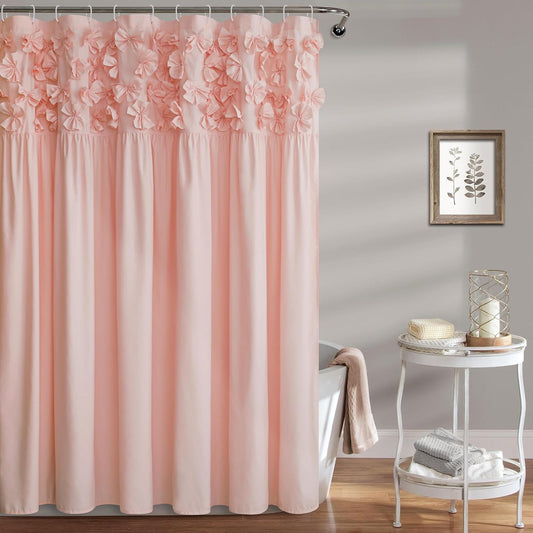Handmade Shower Curtain, Vintage Handcrafted Bow Tie Ruched Microfiber Bath Curtain for Master Bathroom, with 12 Buttonholes, 72" W x 72" H, Peach Pink