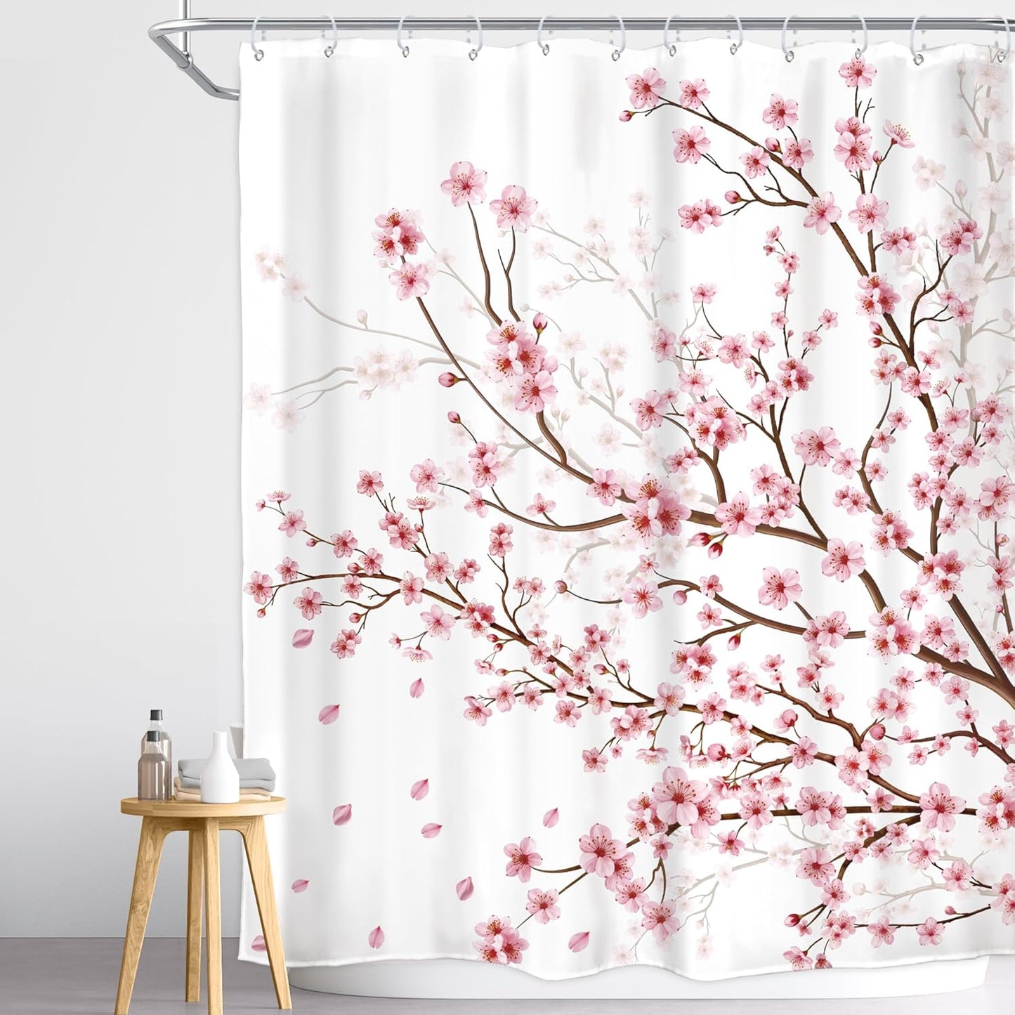 Cherry Blossom Plum Asian Shower Curtain Japanese Weeping Flower 60Wx72H Inch Sakura Pink Floral Watercolor Cute Branch Ink Scenery Waterproof Polyester Fabric Bathroom Bathtub