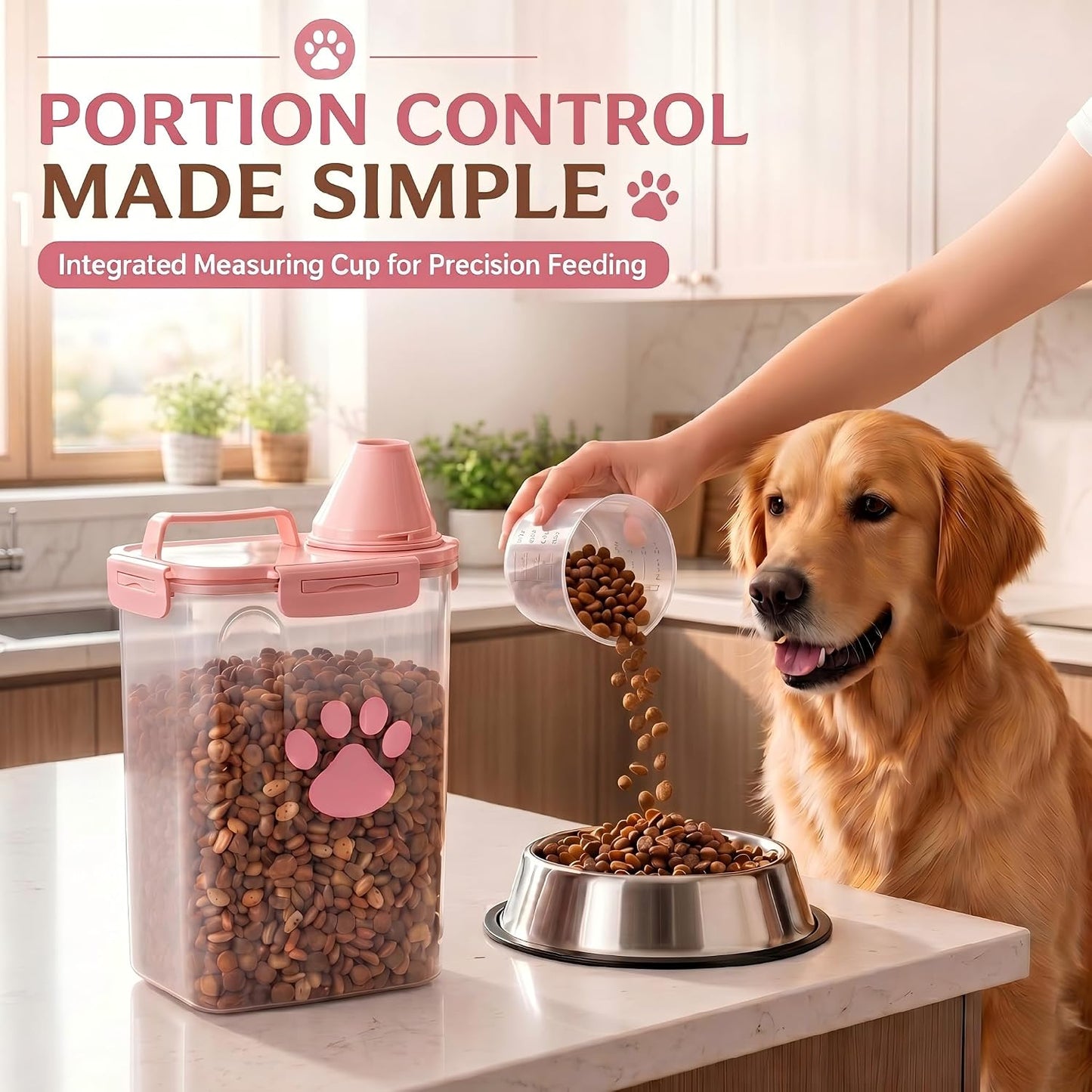 Dog Storage Container with cleaning brush,Measuring Cup,Portable Pet Food Containers with Upgraded Large Spout and Cup for Dogs,Cats,Birds,Small Animals（Pink）