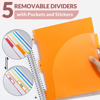 SUNEE 5 Subject Notebook College Ruled - 400 Pages, 9"x11", 5 Pocket Colored Dividers, 3-Hole Punched Paper, Pink