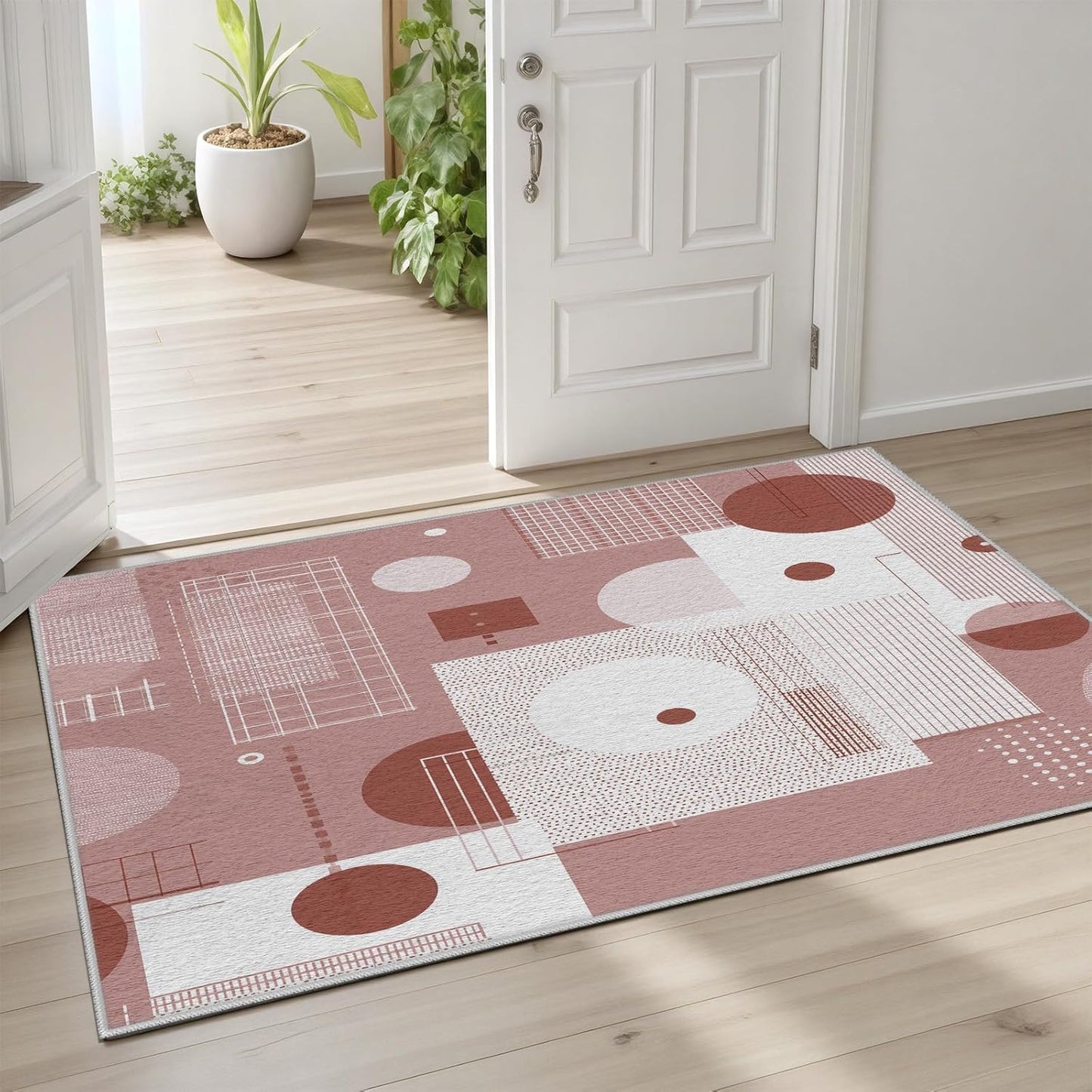 Geometric Checkered Circle Pattern Area Rugs 4x6 ft Abstract Modern Shag Rug Mid Century Peach Rugs Washable Non Slip Low Pile Soft Carpet for Indoor Dorm Bedroom Bathroom Dining Room