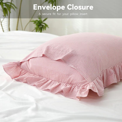 Gingham Pillow Shams 20x26, Pink White, Ruffle Trim, Set of 2 | 100% washed cotton | Standard size pillow covers | Vintage farmhouse plaid | Envelope closure | Inserts not included