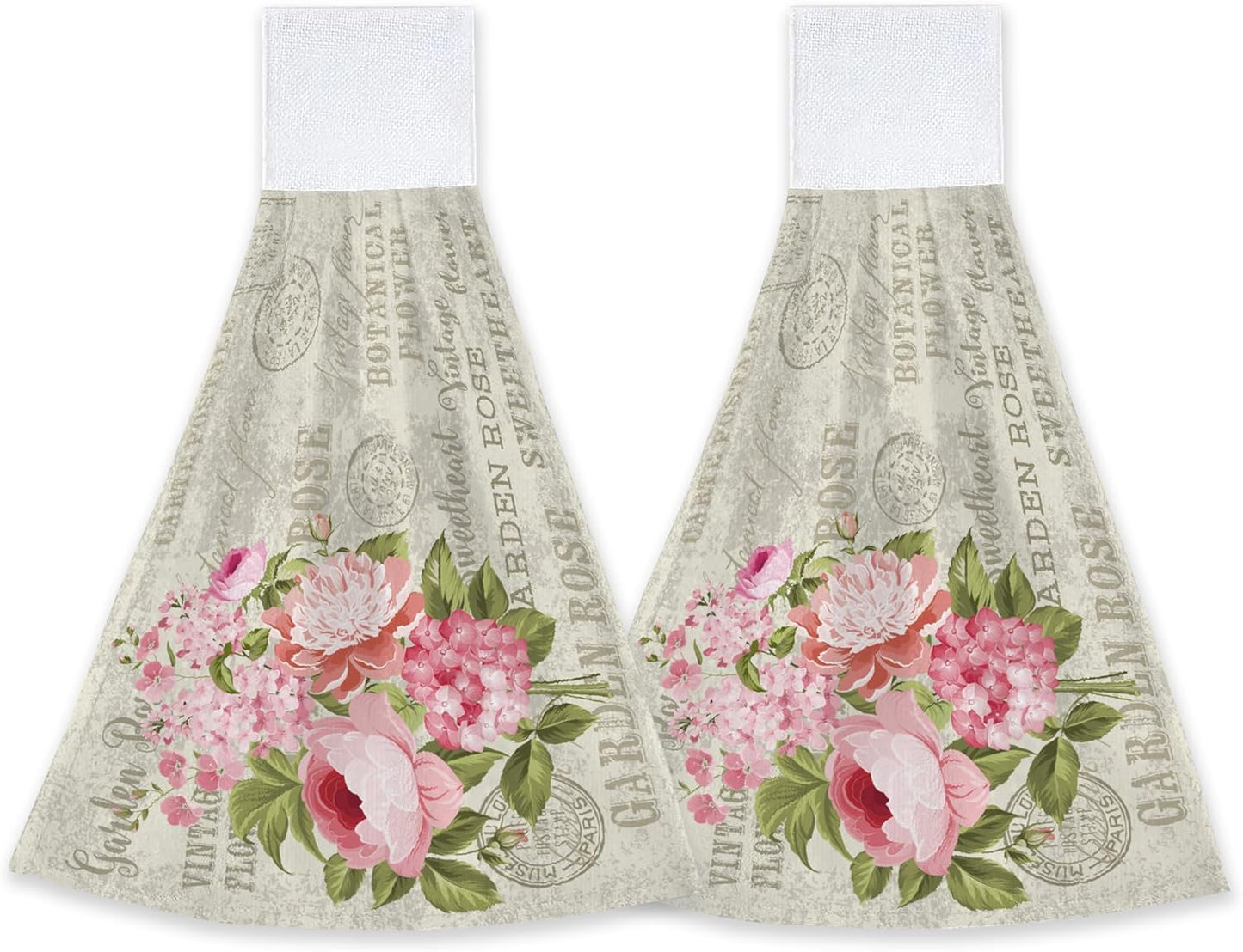 Vintage Pink Rose Flowers Hanging Kitchen Towels 2 Pieces Hand Towel Loop Dish Cloth Tie Towels Tea Bar Towels for Bathroom Farmhouse Housewarming Tabletop Home