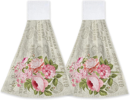 Vintage Pink Rose Flowers Hanging Kitchen Towels 2 Pieces Hand Towel Loop Dish Cloth Tie Towels Tea Bar Towels for Bathroom Farmhouse Housewarming Tabletop Home