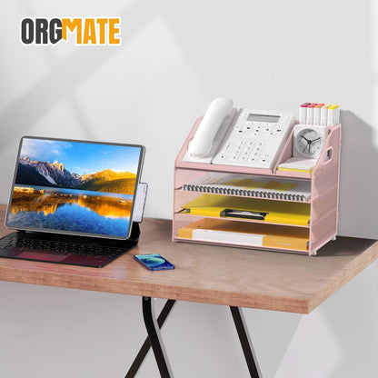Letter Tray Paper, 4 Tier Desk Organizer with Pen Holder and Handle, Mesh File Organizer Paper Sorter Metal Desktop Document Shelf for Office Home Classroom - Pink