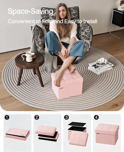 ABHENG Folding Storage Ottoman, Velvet Storage Bench, Footrest, Foot Stool,for Living Room, Bedroom and Office,12.2 x 16.1 x 12.2 Inches, 200 kg Load Capacity,Jelly Pink,UASND03P