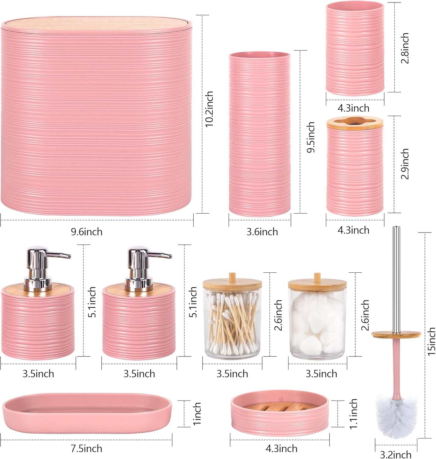 Bathroom Accessory Set,10 PCS Pink Bathroom Accessories Set with Trash Can, Toothbrush Holder, Soap Dispenser, Toothbrush Cup, Vanity Tray, Soap Dish, Toilet Brush, Qtip Holders