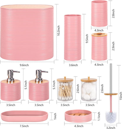 Bathroom Accessory Set,10 PCS Pink Bathroom Accessories Set with Trash Can, Toothbrush Holder, Soap Dispenser, Toothbrush Cup, Vanity Tray, Soap Dish, Toilet Brush, Qtip Holders