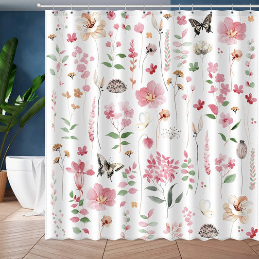 Watercolor Floral Leaf Shower Curtain, Flower Botanical Leaves Bathroom Decor, Modern Minimalist Waterproof Fabric Bath Curtain Set with 12 Hooks 72x72 Inches (Pink, 72x72 Inches)