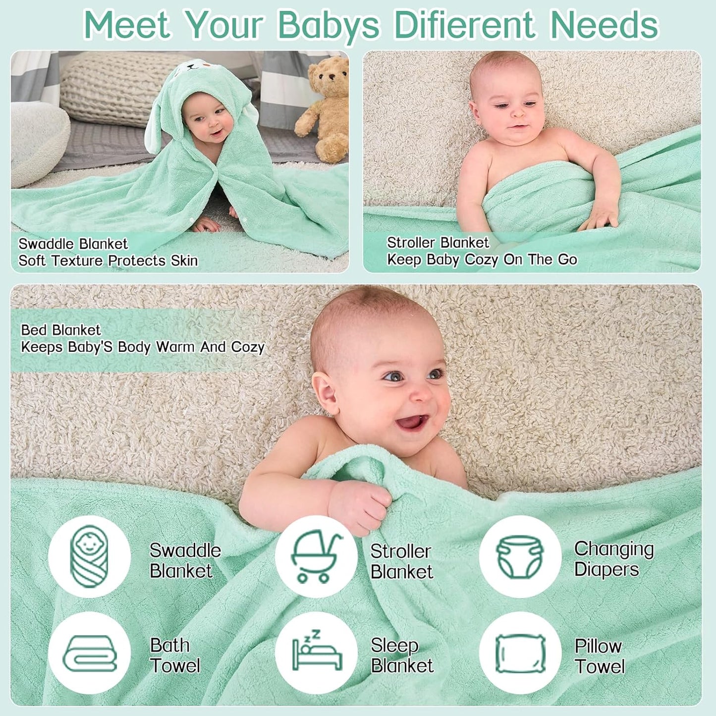 Coral Velvet Hooded Baby Towel - Cute Animal Print, Ultra-Absorbent & Quick-Drying for Newborn to Toddler 27.5x55 Inch, Machine Washable