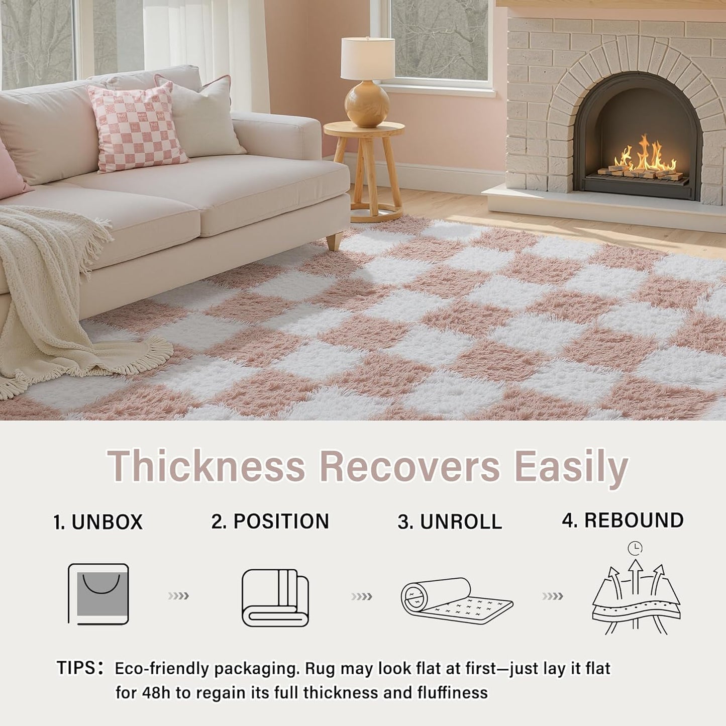 PureCozy Checkered Rug 5x8 for Living Room, Pink and White Modern Shag Rugs Super Soft Washable Indoor Office Fuzzy Carpet Non-Slip Fluffy Rugs for Bedroom Home Aesthetic Decor