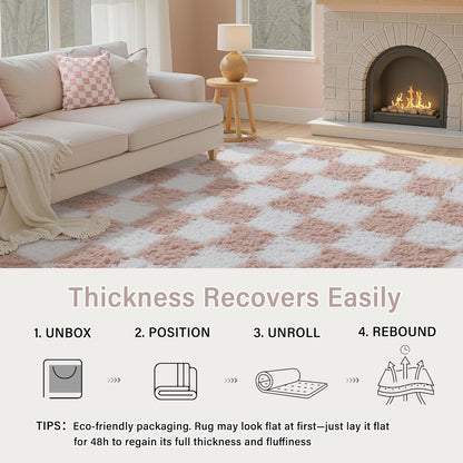 PureCozy Checkered 4x4 Round Rug for Playroom, Pink and White Modern Shag Rugs Super Soft Washable Fluffy Carpet Indoor Office Fuzzy for Bedroom Living Romm Home Dorm Aesthetic Decor