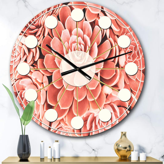 DesignQ Mid-Century Modern Wall Clock 'Coral Toned Succulent' Pink Round Wall Clock for Bedroom Decor