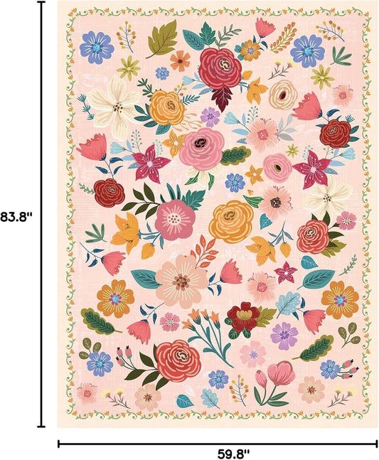 Washable Hot Pink Area Rug 5'×7' Light PinkBoho Large Living Room Rug Floral Non-Slip Soft Oriental Vintage Color Bedroom Carpet Dining Room Nursery Home Office Indoor Decor