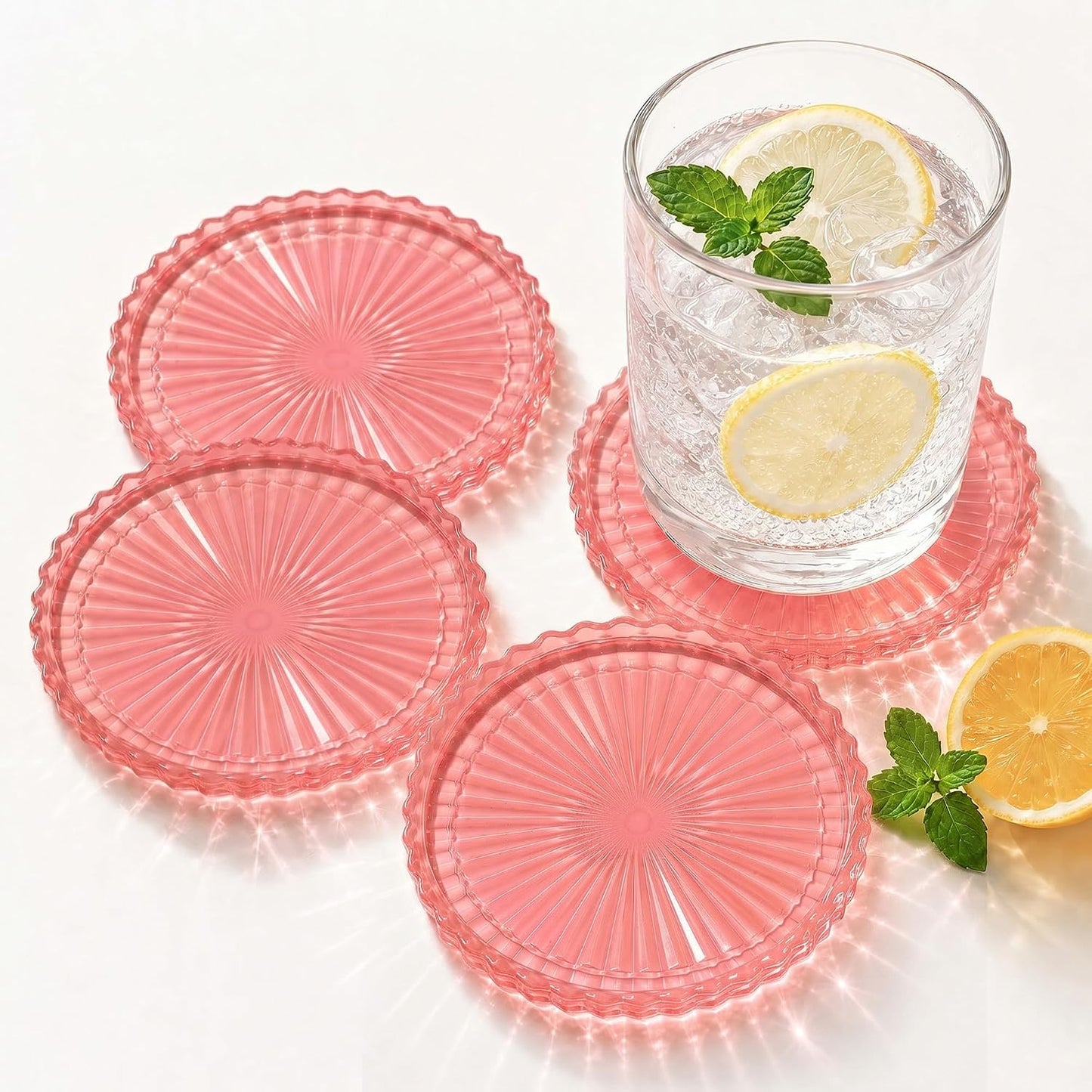 Silicone Coasters for Drinks[4 pcs,No Holder] Dual-Sided Light-Play Design, Non-Stick Cup Covers & Table Mats, Coffee Table Decor, Clear Pink