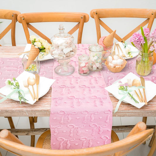 FYSUIMU Pink Bow Dot Table Runner 3D Bow Knot Plush Faux Fur Dining Table Cover for Coquette Party Home Kitchen Decoration, 13 x 72 Inch
