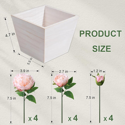 Artificial Hydrangea Flowers Arrangement in Wood Planter, 4PCS Fake Flowers in Wooden Vase Potted Floral Centerpieces for Tables Living Room Home Office Kitchen Decor (Light Pink Peony)