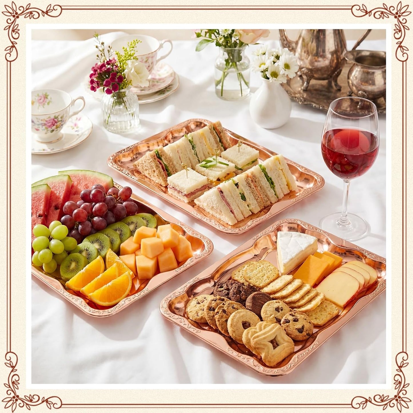 FoldTier 4 Pack Serving Trays Set for Party, Butterfly Floral Bronze Platter Engraved Mirror Tray, 15.8 x 11.6 Inches Elegant Metal Plate for Food Appetizer Cookies Desserts (Rose Gold)